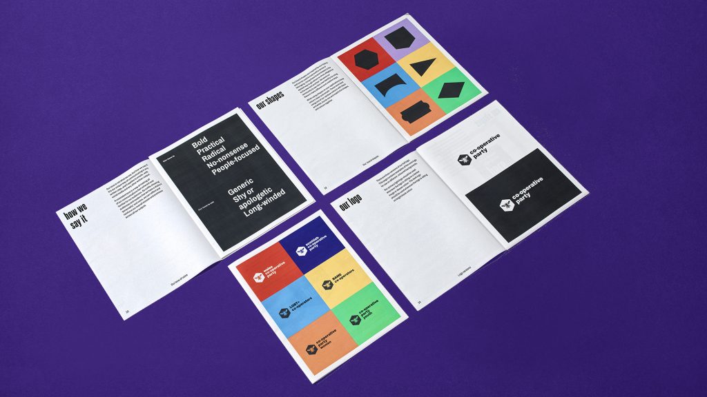 A collage of inside spreads from the Co-operative Party's brand guidelines.