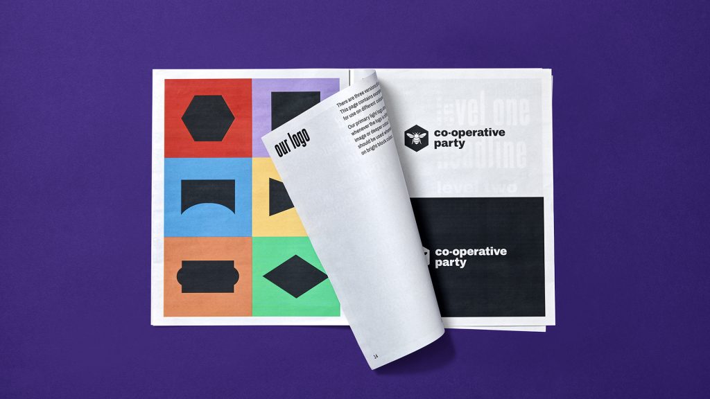 An inside spread of the Co-operative Party's brand guidelines.