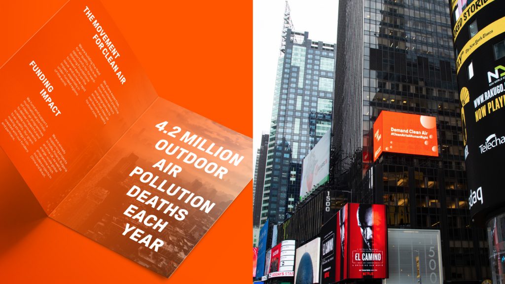 Two mock-ups, showing a possible inside spread for a publication using bold typography (left) and a billboard advertisement on the side of a building (right), both using Clean Air Fund branding.