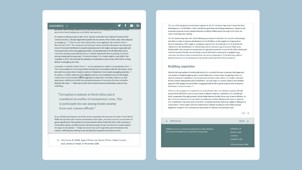 Two mock-ups of Chatham House's online Reader as viewed on tablets and mobile devices.