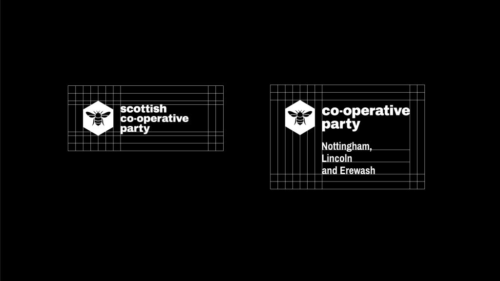 Examples of how the Co-operative Party's logo changes for sub-branches.