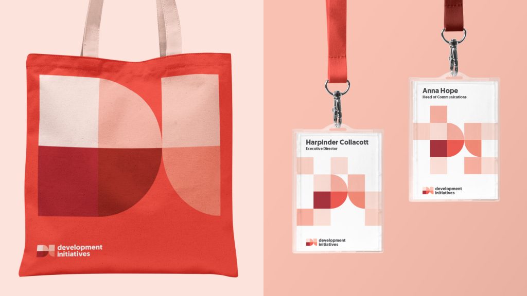 Brand example visuals of a tote bag and two lanyards with the red DI logo and square shapes.