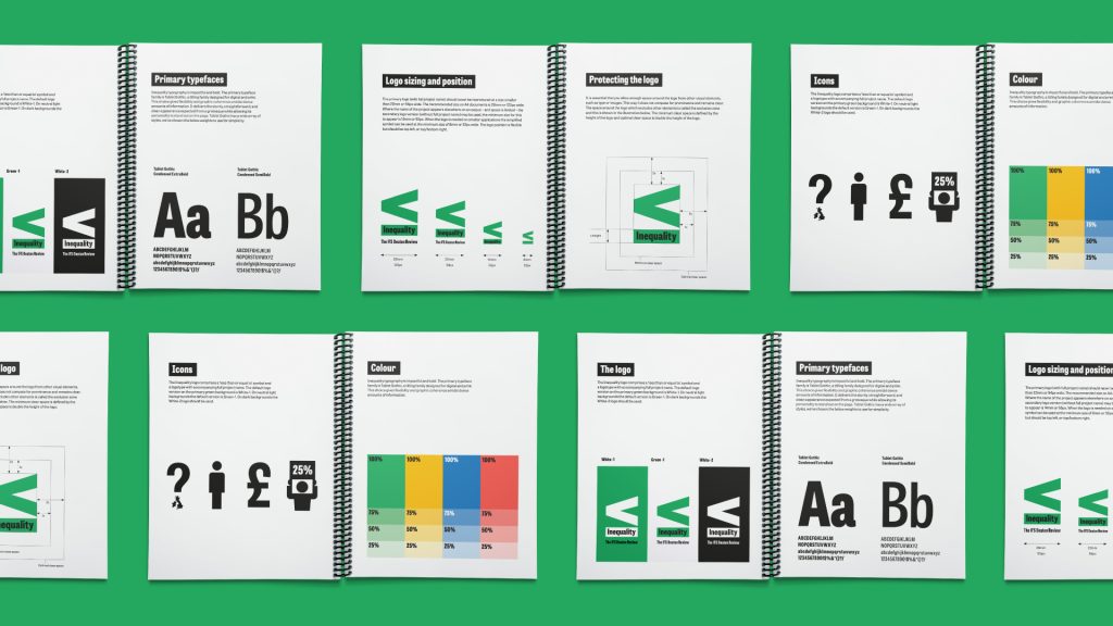 A collage of pages from the brand identity guidelines.