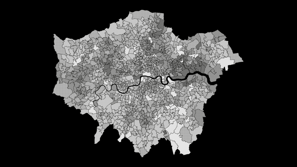 A black and white map of the Greater London area.