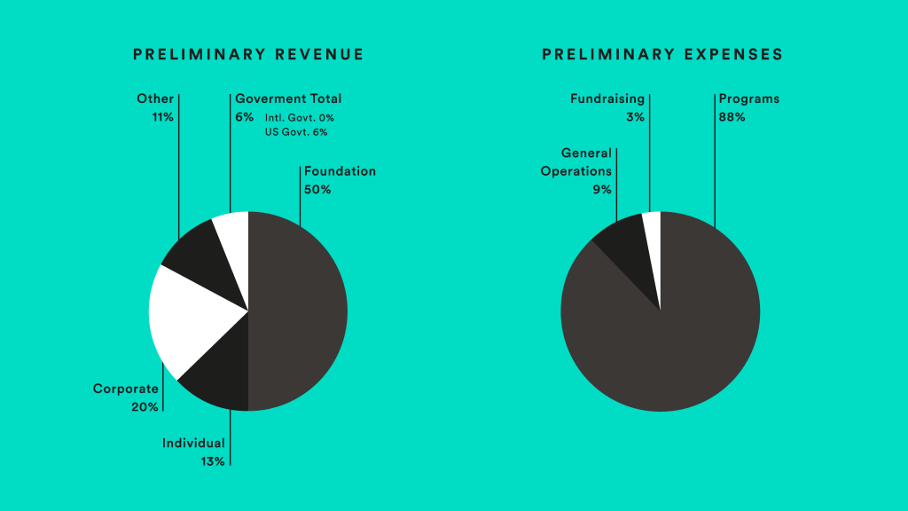 Two grey, black and white pie charts on a bright green background.