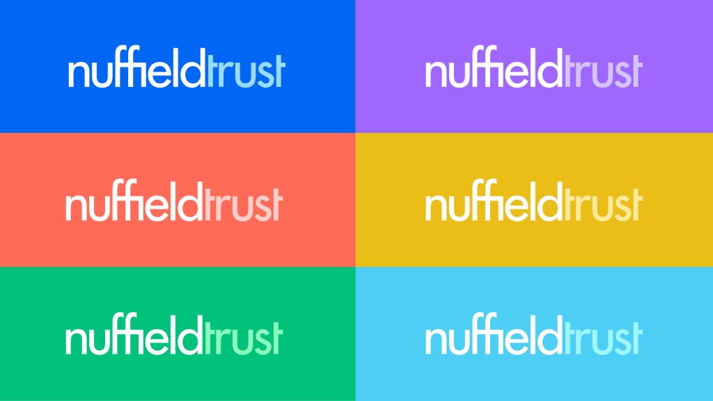 The Nuffield Trust logo repeated six times on (clockwise from top left) blue, purple, yellow, turquoise, green and red.