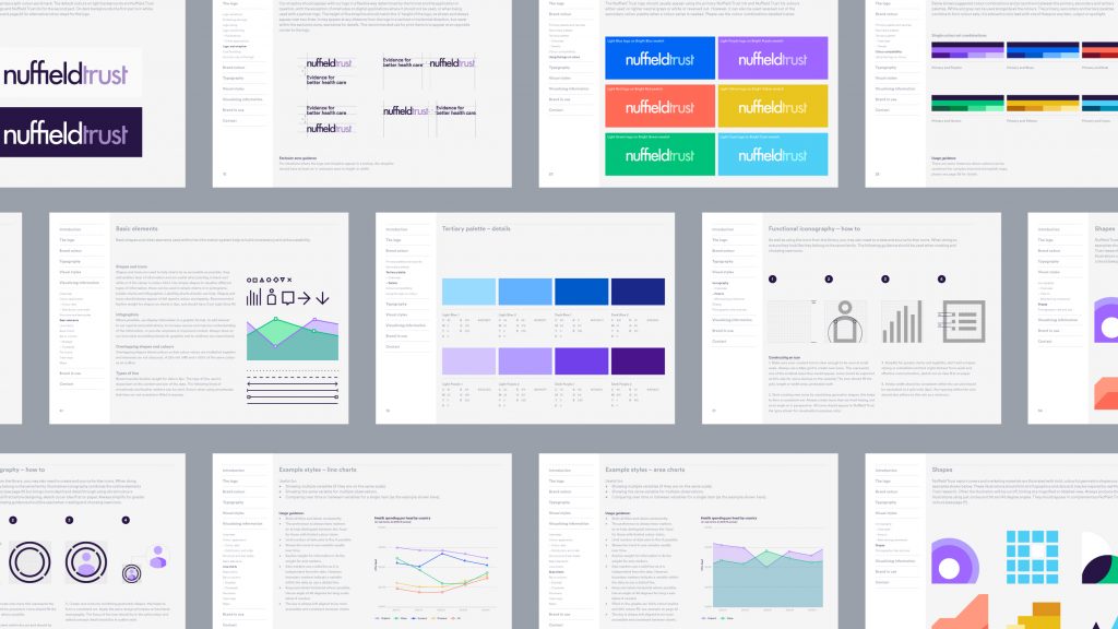 A collage of the Nuffield Trust brand guidelines.