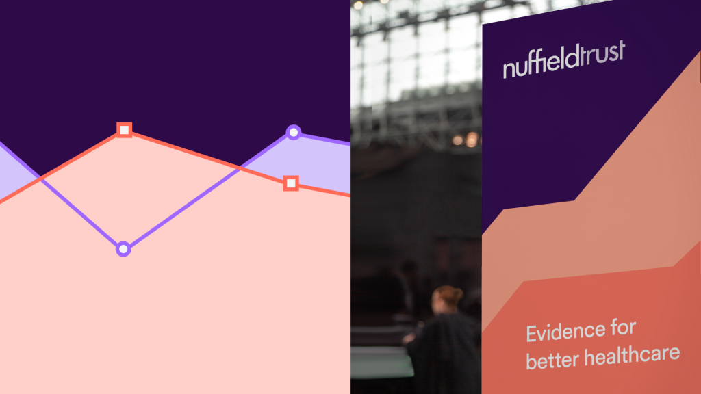 Examples of how colours work in the Nuffield Trust brand, on (left) a graph and (right) a banner.