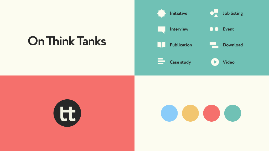 Four graphics showing (clockwise from top left): the On Think Tanks logo, icon and text illustrations of website elements, four dots in blue, yellow, red and green (from left), and an icon logo.