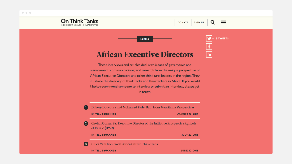 A sample web page from the On Think Tanks website, showing text on a red background.