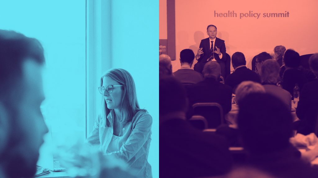 Two coloured photographs (left, in blue) two people in a meeting, and (right, in red) a person speaks at a health policy summit.