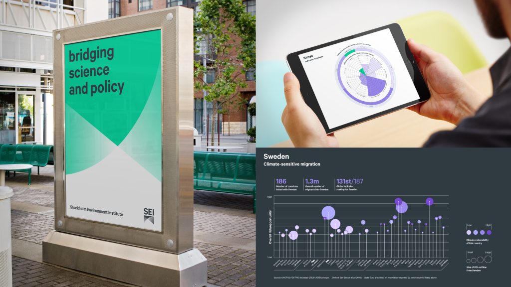 A trio of images showing: a large SEI-branded poster (left), a mock-up of an SEI-branded figure viewed on a mobile device (top right) and a complex SEI-branded figure (bottom right).