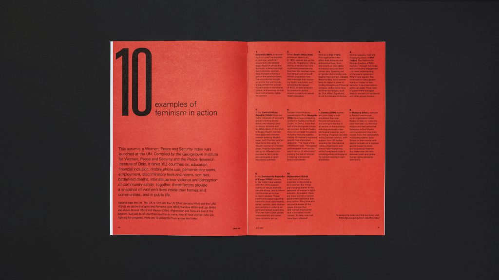 An inside page spread showing a bold list of text with a strong headline on a red background.