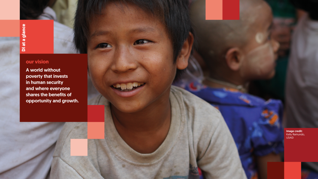 Photo of children overlaid with red squares and text which reads: "Our vision. A world without poverty that invests in human security and where everyone shares the benefits of opportunity and growth".