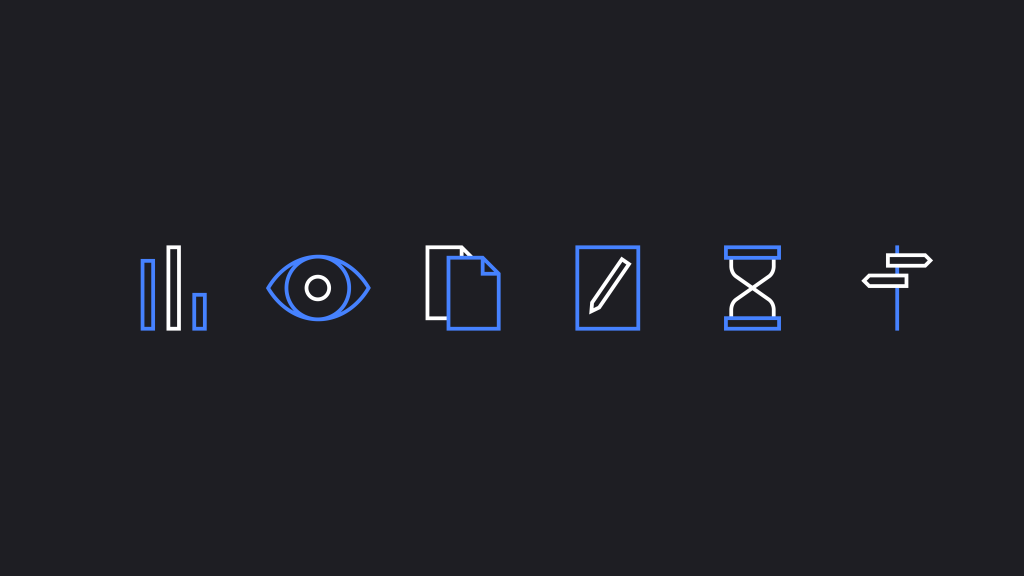 Six white and blue outline icons sitting in one row on a black background.