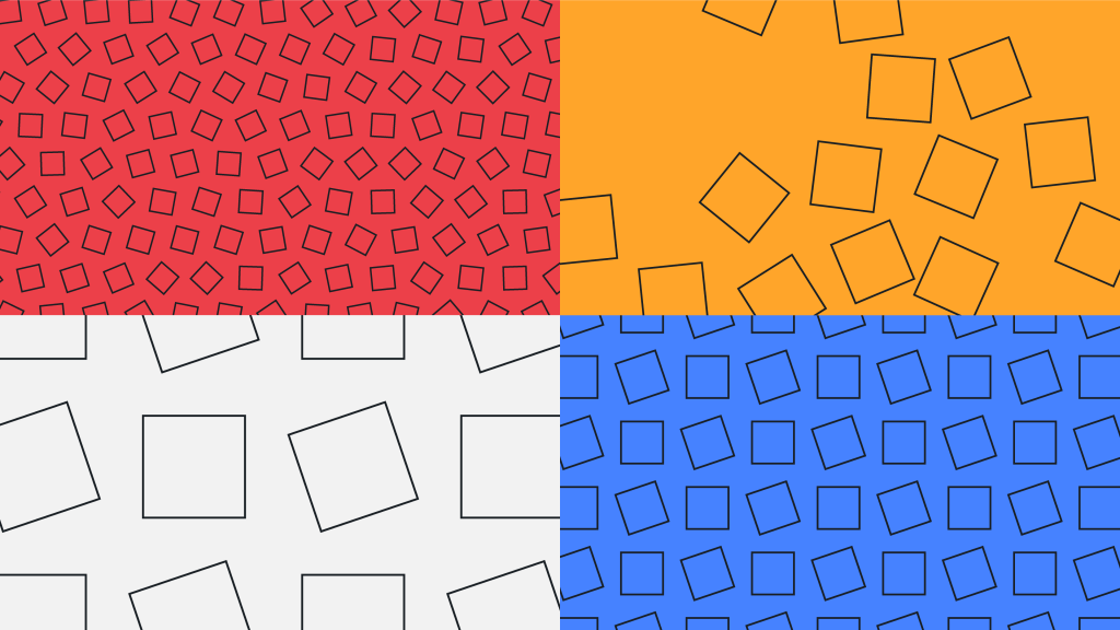 Pattern of rotating black outlined squares in various sizes on four different coloured backgrounds (clockwise from top left) – red, yellow, blue and light grey.