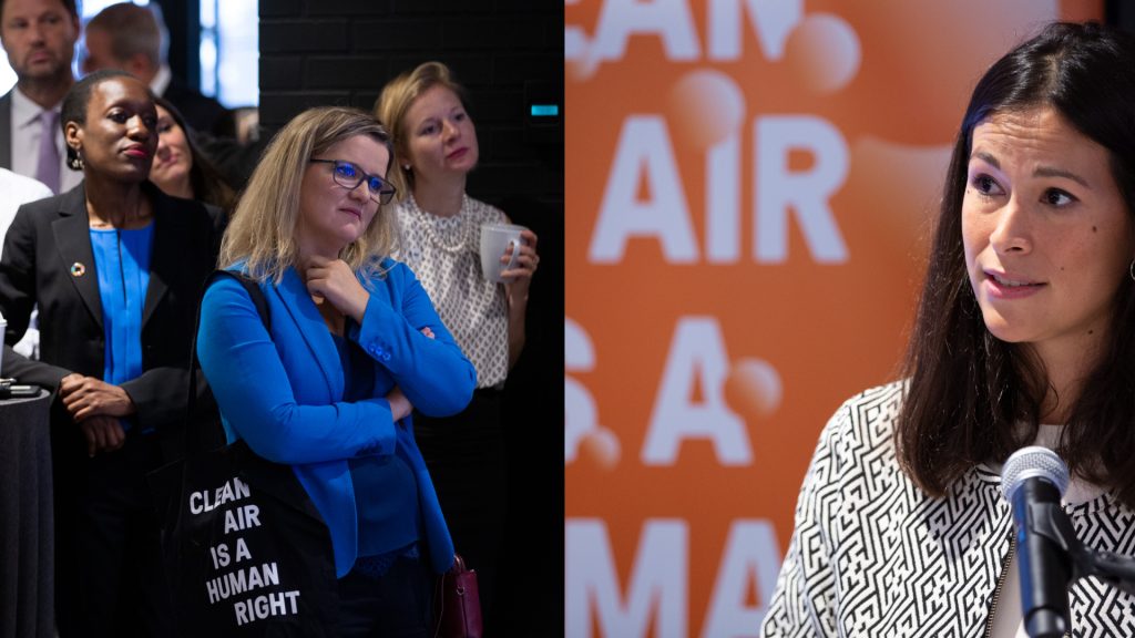 Two photographs, showing a group of people, one holding a Clean Air Fund tote bag (left) and a person giving a speech in front of a Clean Air Fund backdrop (right).