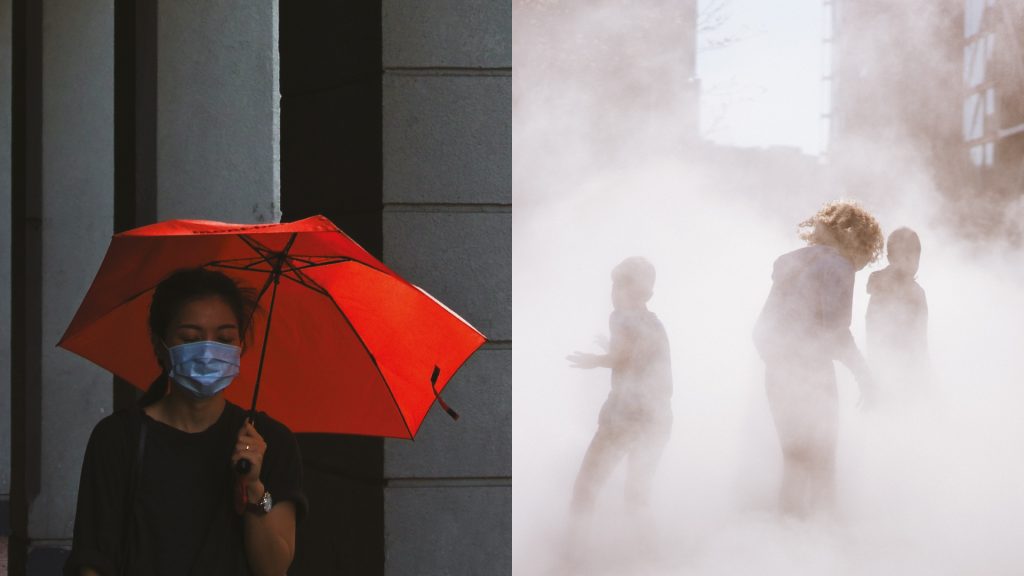 Two photographs, showing a person wearing a face mask (left) and children playing in a very smoky area (right).