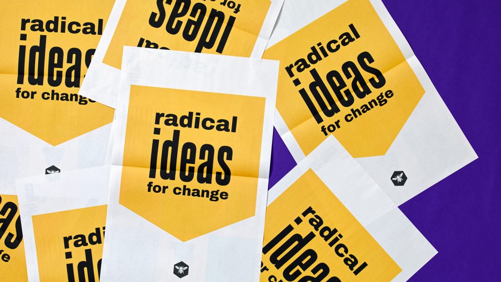 A sample of posters reading "radical ideas for change".