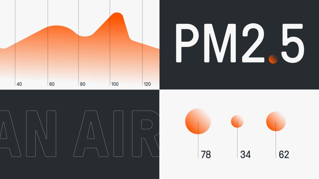 A sample of four data visualisations (clockwise from top left): an area chart, graphic treatment of the text "PM2.5", a lollipop chart and outlined text, showing part of "CLEAN AIR".