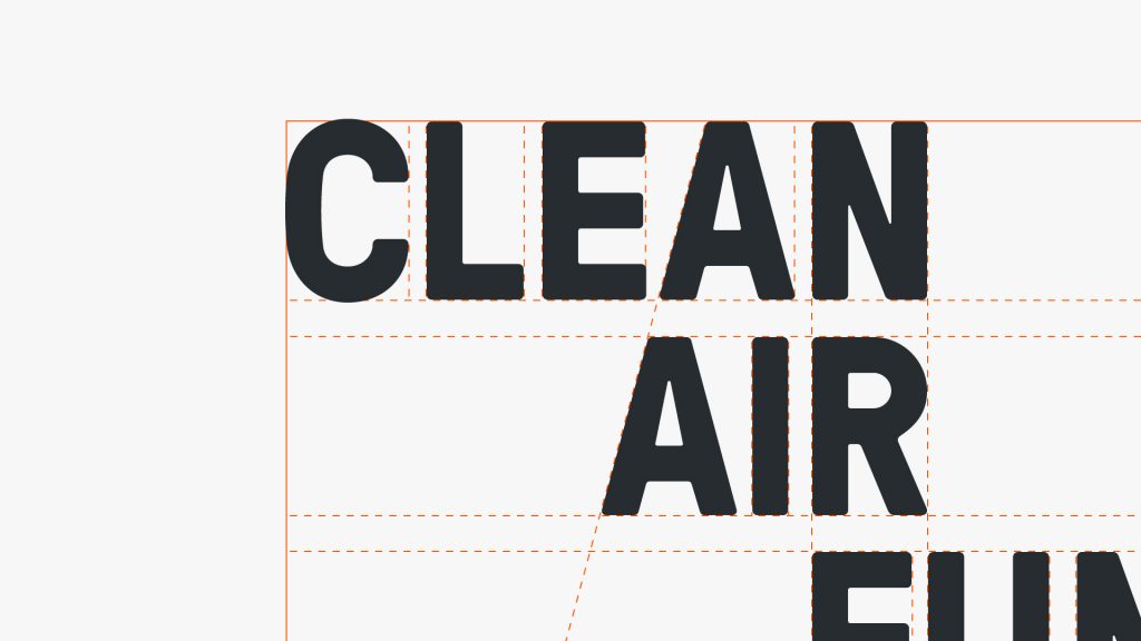 Part of the Clean Air fund logo, with lines showing the dimensions and detailed alignment of each letter.