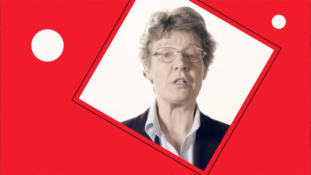 A photo of Jocelyn Bell Burnell in a rotated square on a red background.