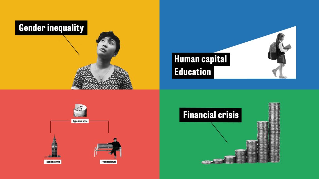 Four images (clockwise from top left): a person with the text "Gender inequality", a young person with the text "Human capital Education", a stack of coins with the text "Financial crisis" and a tree diagram with three icons.