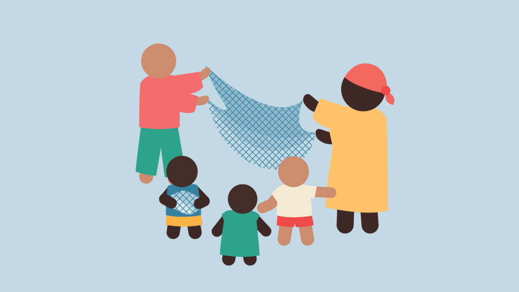 An illustration of a family using anti-mosquito nets.