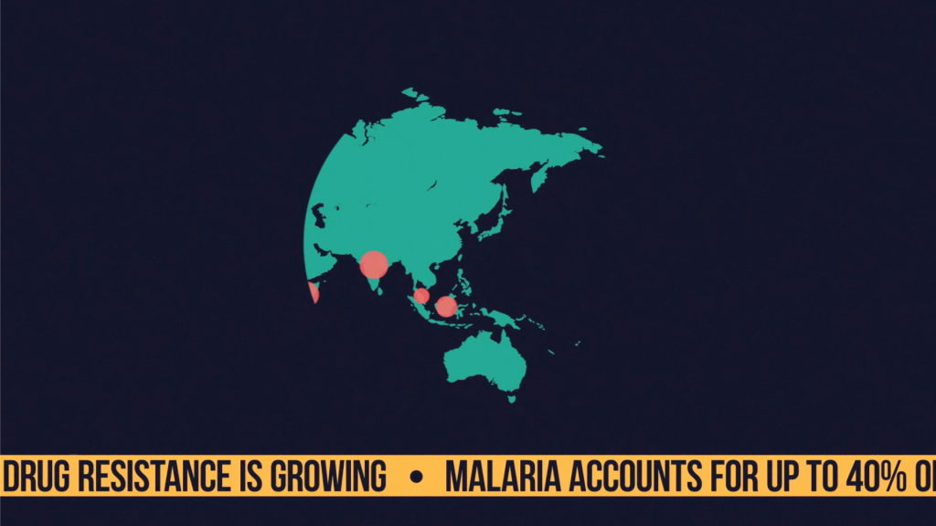 A map showing some key areas for malaria. Text below the graphic reads "DRUG RESISTANCE IS GROWING. MALARIA ACCOUNTS FOR UP TO 40%...".