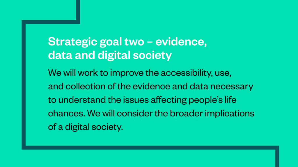 A strategic goal from the brand guidelines: "Strategic goal two - evidence, data and digital society: We will work to improve the accessibility, use, and collection of the evidence and data necessary to understand the issues affecting people's life chances. We will consider the broader implications of a digital society".