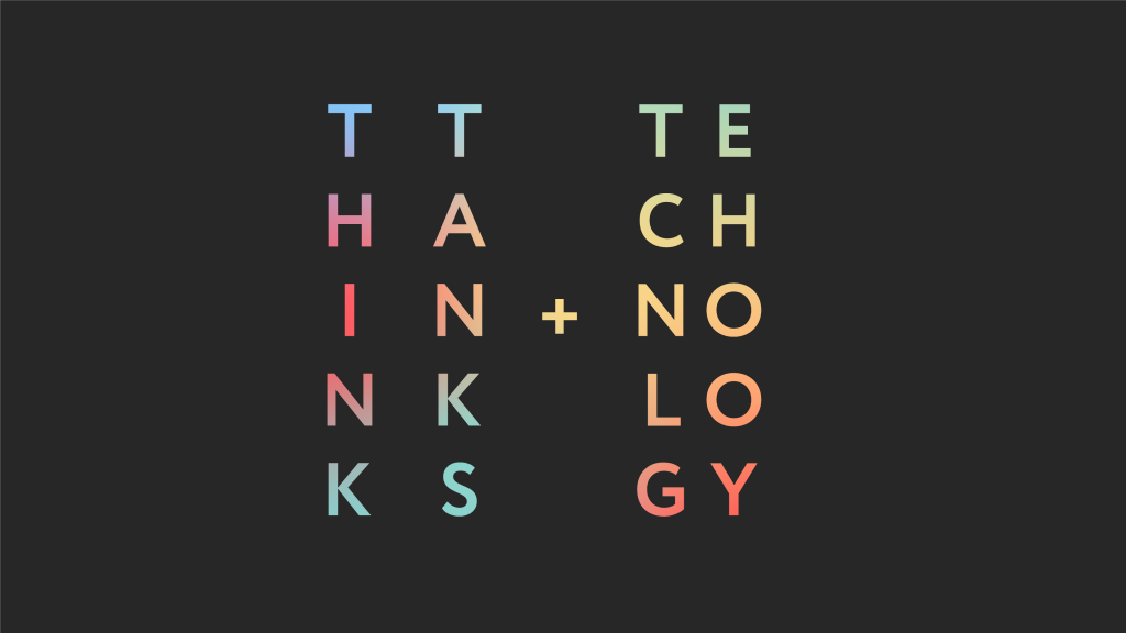 Typographic visual with colourful text "Think Tanks and Technology" on black background.