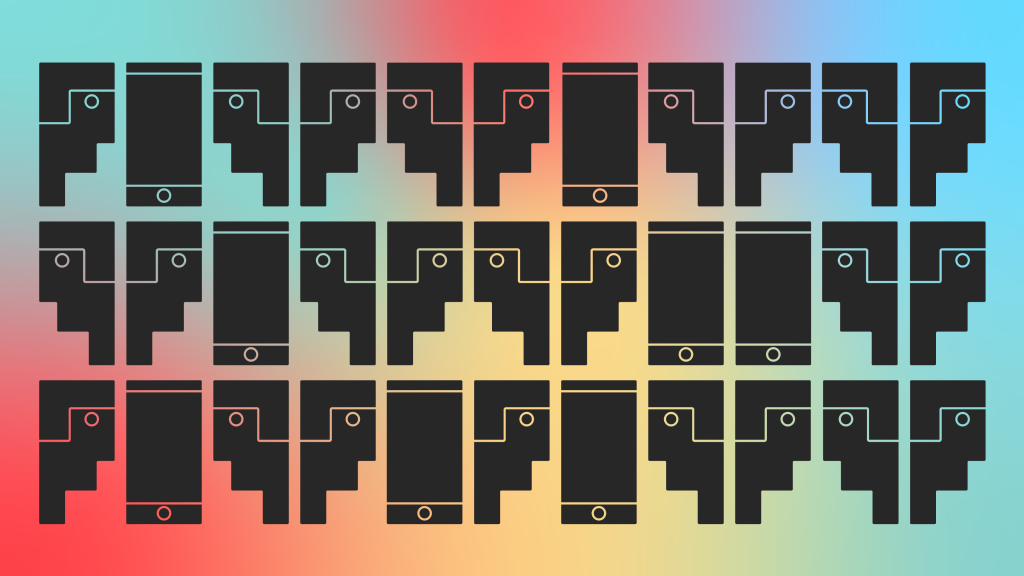 Repeating black icons of visually similar speech bubbles, heads and smartphones on a colour gradient background.