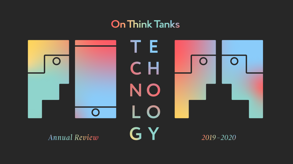 A visually similar head and smartphone over the words "Annual Review" (left) and two visually similar heads over the words "2019-2020" (right), in a colour gradient over a black background. The two images are divided by the On Think Tanks logo and the word "TECHNOLOGY".