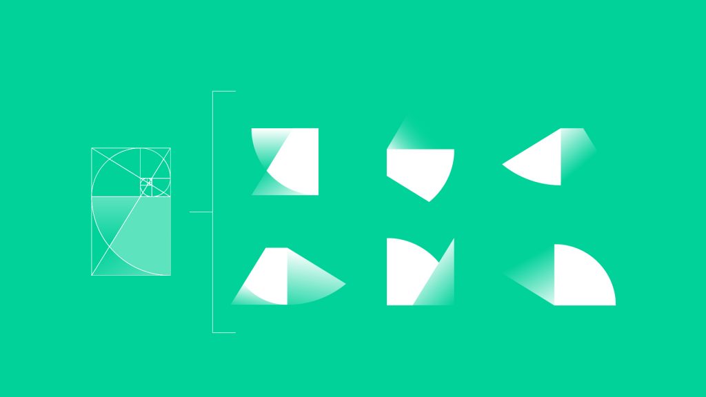The Fibonacci spiral broken down into the six key SEI brand elements, in white on a green background.