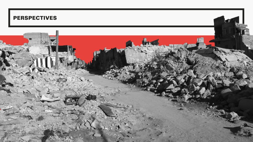 A sample of design from the magazine: a black-and-white image of a bombed city, with red and black graphic elements and headline text reading "PERSPECTIVES".