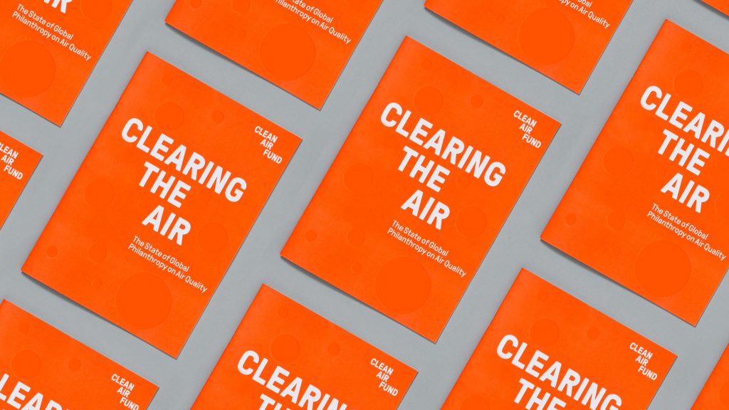 A repeating mock-up of a possible publication cover using the Clean Air Fund branding, using bold typography.