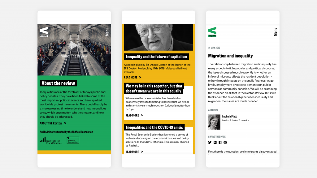 Three pages from the microsite as viewed on tablet and mobile devices.