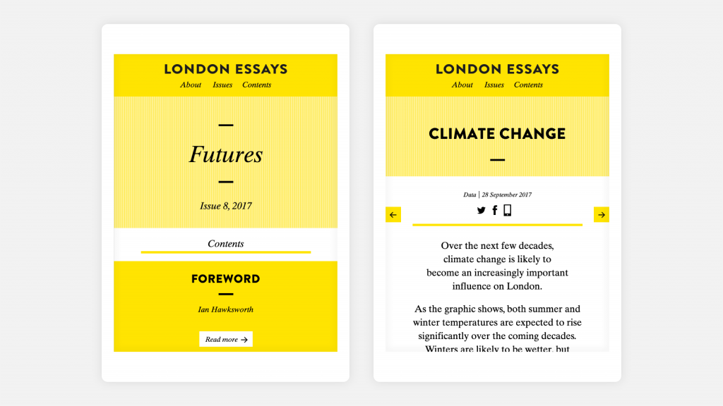 Two views of the London Essays website as seen on tablets and mobile devices.