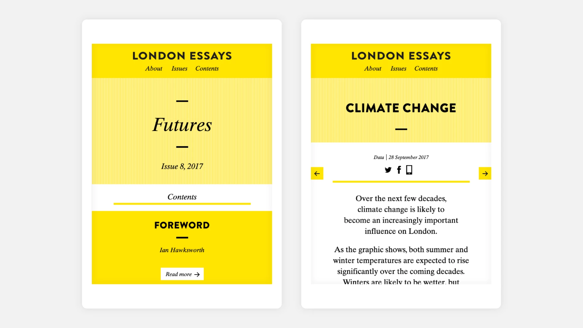 Two views of the London Essays website as seen on tablets and mobile devices.