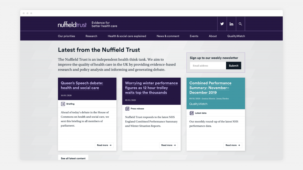 The 'Latest' page from the Nuffield Trust website.