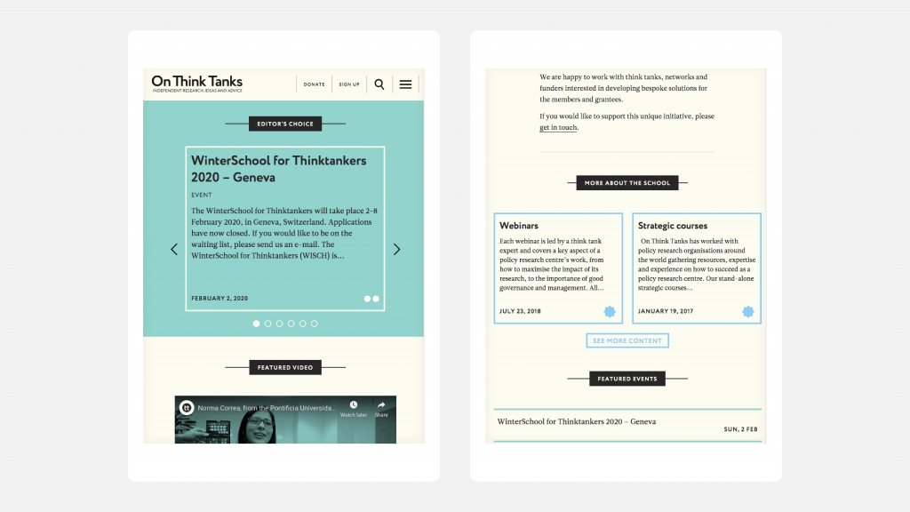 Two views of the On Think Tanks website as it appears on mobile devices, showing how the website changes and adapts to smaller screens.