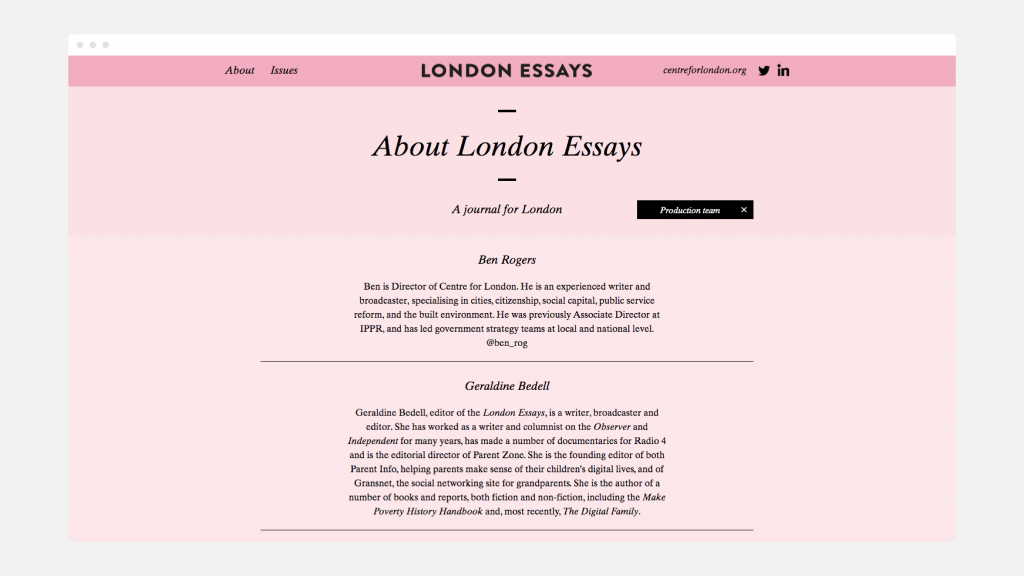 The 'about' page of the London Essays website.