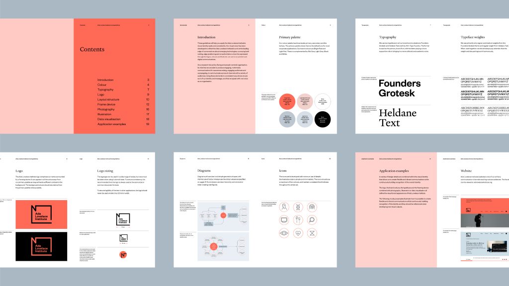 A image showing pages from the Ada Lovelace brand guidelines, including colour palette, typography, logo treatment and diagram style.