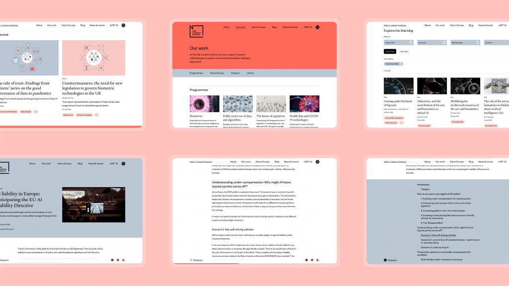 Various images of the Ada Lovelace website. There is an 'Our work' page together with pictures of various articles and long-form content.