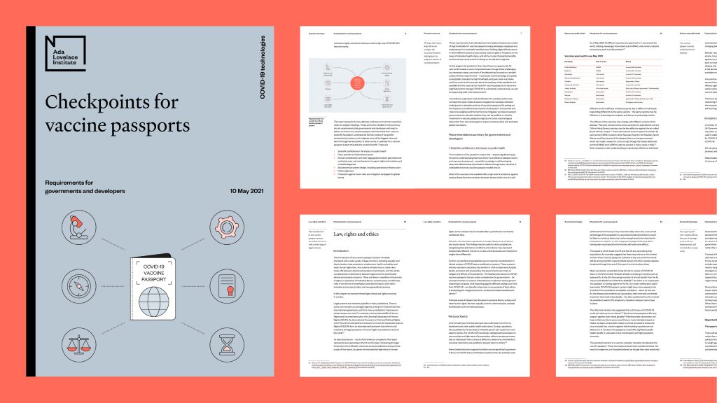 A cover of a sample report reading "Checkpoints for vaccine passports" together with some inside spreads from the report. 