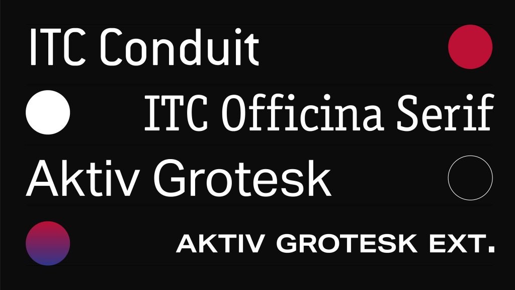 An image showing the different typefaces that make up the Bruegel visual identity – ITC Conduit, ITC Officina Serif, Aktiv Grotesk and Activ Grotsek Ext.