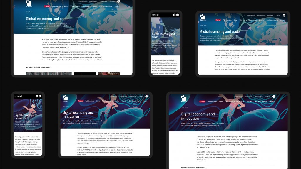 An image of the new Bruegel website shown on different devices including tablet, desktop and mobile. The images show a page called Global economy and trade and another one called Digital economy and innovation.