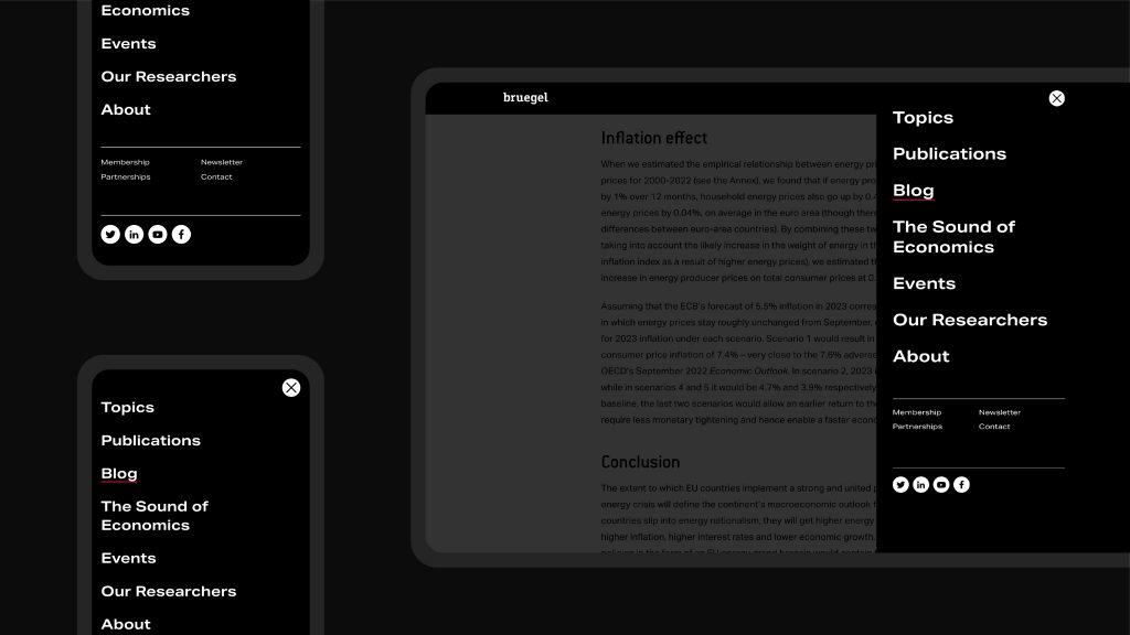 An image of the menu on the new Bruegel website shown on desktop and mobile. It reads Topics, Publications, Blog, The Sound of Economics, Events, Our Researchers, About.