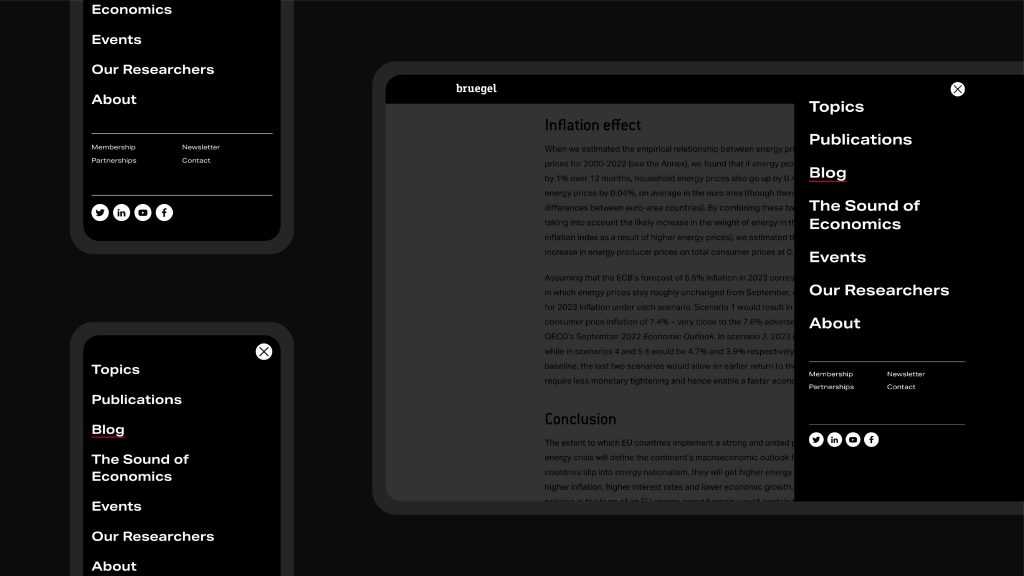 An image of the menu on the new Bruegel website shown on desktop and mobile. It reads Topics, Publications, Blog, The Sound of Economics, Events, Our Researchers, About. 