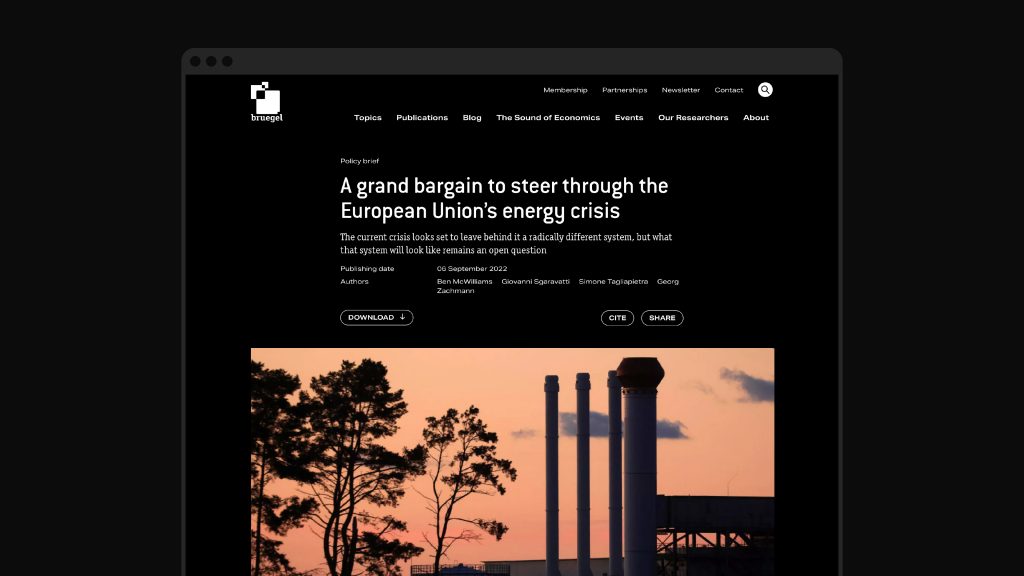 An image showing how a policy brief appears on the new Bruegel website. There is a title that reads 'A grand bargain to steer through the European Union's energy crisis' shown above a photograph of a power station set against an orange sky. 